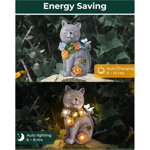 Solar Garden Statues Outdoor Decor, 6 LED Cat Flowers Butterfly Figurine Lights, - Picture 5 of 7